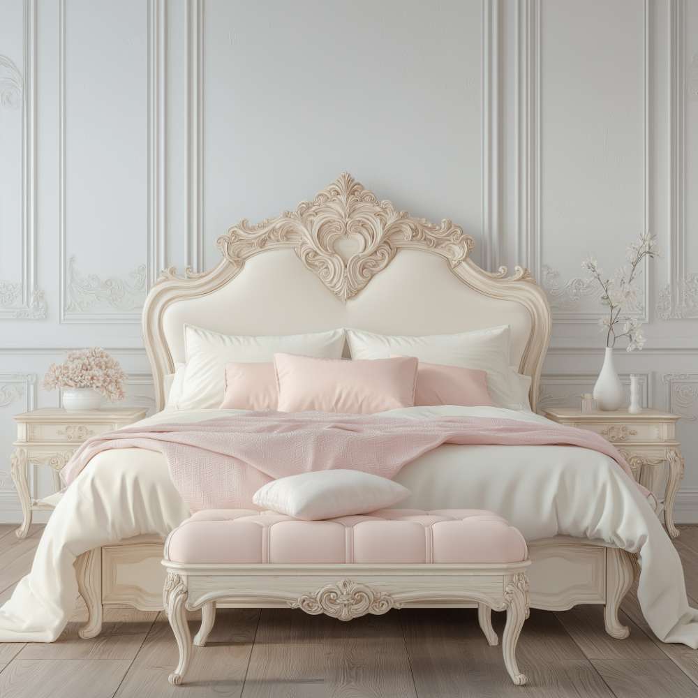 White Wooden Carved bed